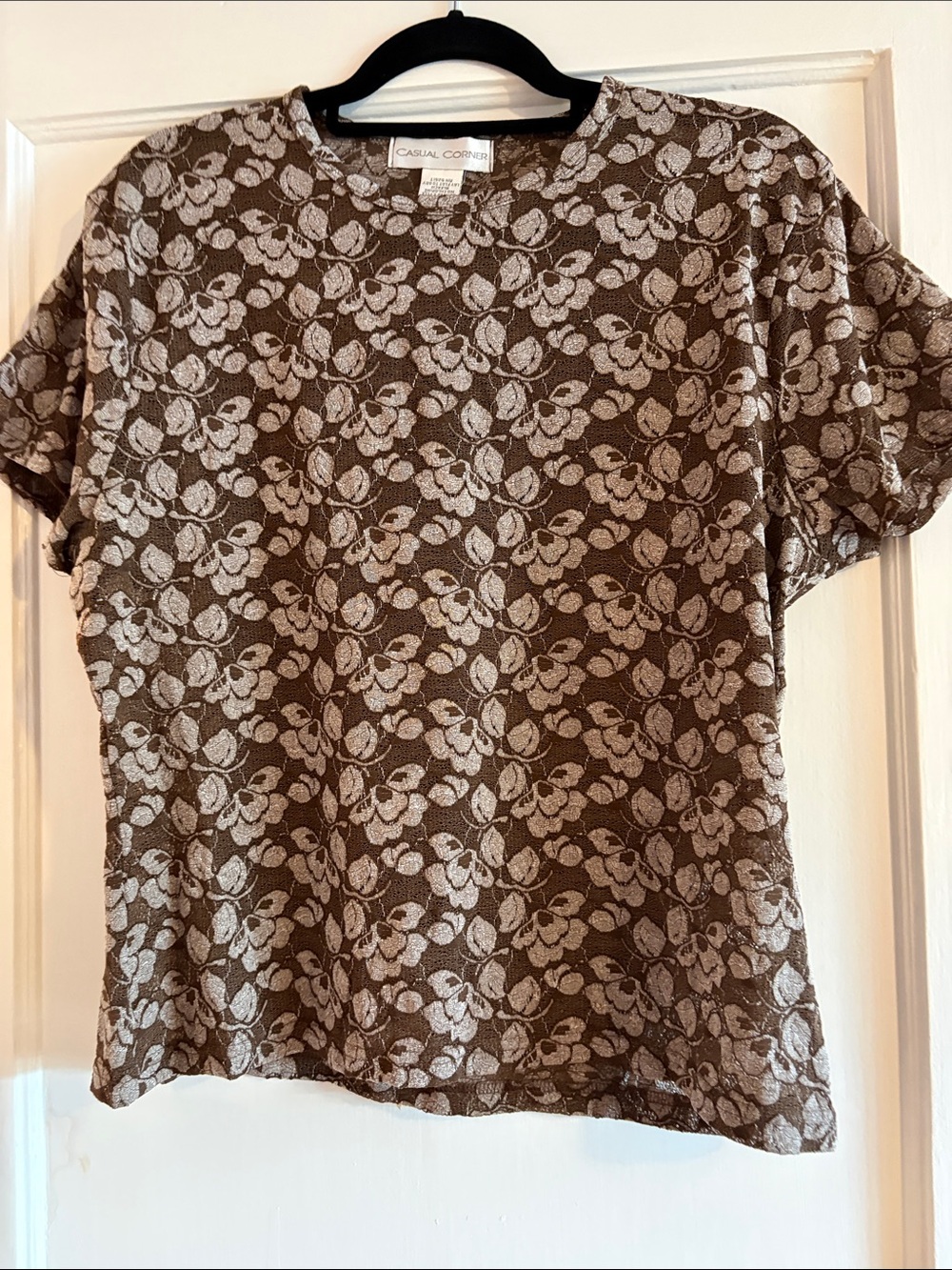 Casual Corner Brown Tee with Cream Floral Lace Overlay
